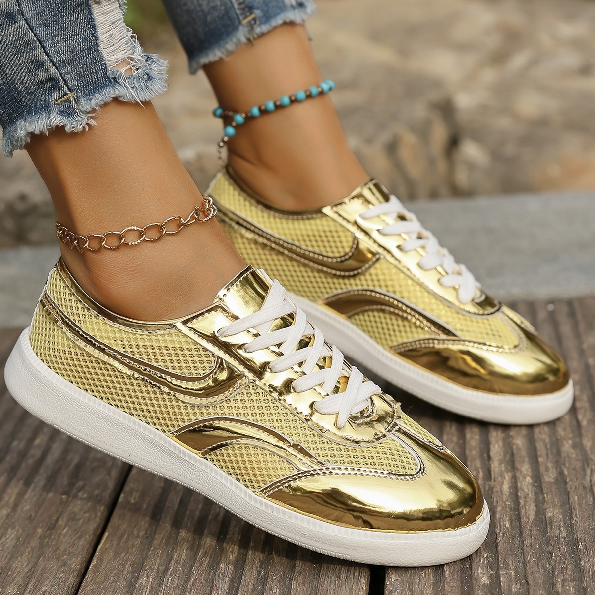 Knit Fabric Lace Up Sneakers - Nouvelles baskets pour femmes respirant tricoté