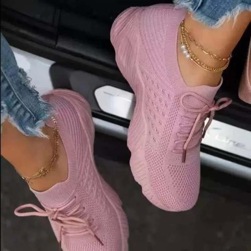 Knit Fabric Lace Up Sneakers - Baskets décontractées en maille respirante pour