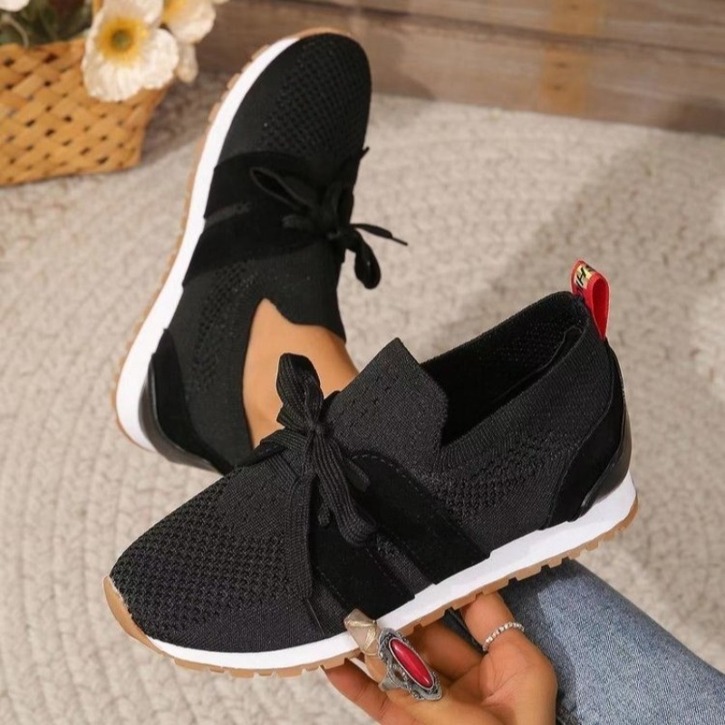 Knit Fabric Lace Up Sneakers - Nouveau noir tricot respirant femmes baskets
