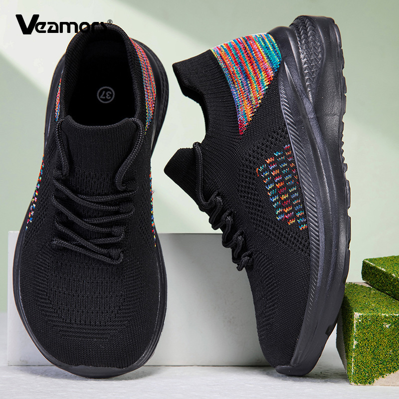 Knit Fabric Lace Up Sneakers - Baskets respirantes en maille pour femmes,